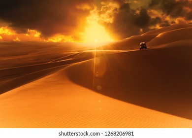 Sunset In The Desert And A Buggy. Dunes Of Ica Peru