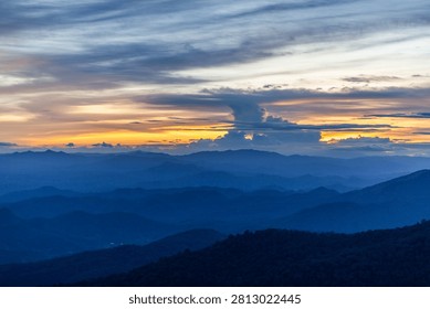 Sunset at Doi Pui viewpoint. Gorgeous North Thailand landscape from the view point on the slopes of Doi Pui mountain near Chiang Mai.