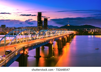 Sunset Of Dongjak Bridge At Soeul,South,Korea