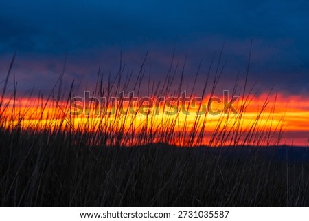 Sunset and dramatic afterglow over Bay Area ridge trail