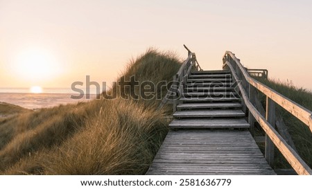 Sunset with dune and viewpoint on the North Sea beach