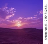 Sunset during Blue Hour over Windy Sand Dunes. Purple sky sand dunes in desert planet, magical alien landscape, vast horizon, lilac sky, dream mood, dramatic sunset or sunrise. sstkSummer