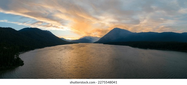 Sunset During Summer Forest Fires Smoke in the Air Landscape of Lake Wenatchee Washington USA