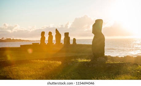 Sunset In Easter Island With Moai