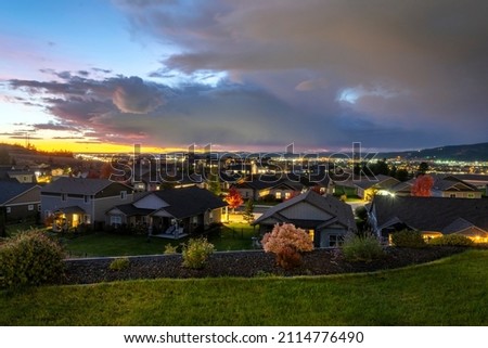 Sunset evening view over Spokane and Spokane Valley from a hilltop in Liberty Lake, Washington, USA
