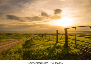 Sunset Fence And Dirt Road On Farm