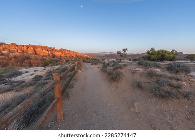 sunset at fiery furnace viewpoint in arches national park in utah, usa