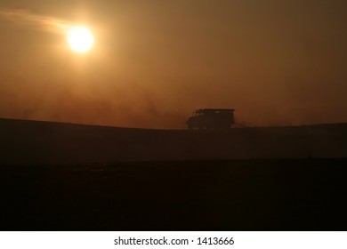 Sunset; fighting a fire