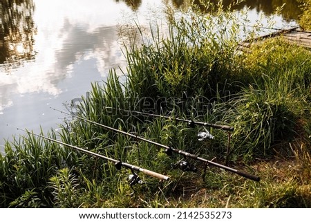 sunset fishing. selective focus on fishing rod. fisher with spinning rod. Fisherman with rod, spinning reel on the river bank. Fishing for pike, perch, carp. wild nature. Article about fishing day