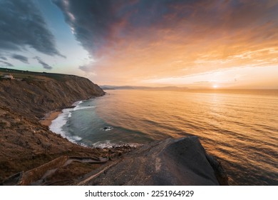 Sunset at the Flysch coastline, Barrika beach near Bilbao in the Basque Country, Spain