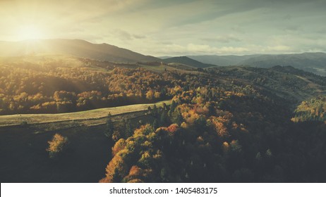 Sunset Forest Hill Surface Aerial View Landscape. Panoramic Mountain Slope. Thick Dense Wood Wildlife Nature Scenery Overview. Clean Ecology Natural Environment Concept. Drone Flight