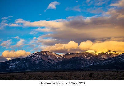 Sunset Golden Hour As Clouds Roll In Over The Amazing Taos , New Mexico Sunset