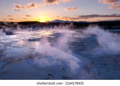 Sunset Golden Hour In Norris Geyser Basin Area, Yellowstone National Park, Wyoming, USA. Volcanic Landscape With Geothermal Activity.