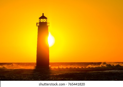 Sunset at the Grand Haven, Michigan, lighthouse and pier on Lake Michigan