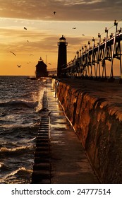 Sunset At The Grand Haven South Pierhead Lighthouse, Michigan