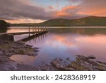 Sunset, hawes end landing stage jetty, derwent water, lake district, cumbria, england, united kingdom, europe