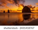 Sunset at Haystack Rock and The Needles at Cannon Beach, Oregon