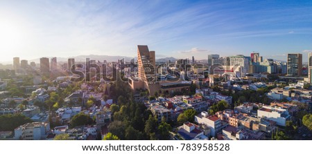 Sunset at Horacio Avenue near Polanco. Panoramuc aerial view near the Palacio de Hierro, you can see in the background the famous mall Antara, Mexico city  
