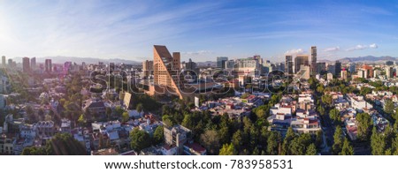 Sunset at Horacio Avenue near Polanco. Panoramuc aerial view near the Palacio de Hierro, you can see in the background the famous mall Antara, Mexico city