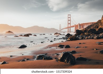 Sunset At The Iconic Golden Gate In San Francisco, California. Travel Destination, Bucket List, Tourism, Discover USA, United States Of America, 