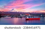 Sunset Illuminates Mt Rainier, Ships and The Port Of Tacoma. 
Puget Sound, Washington
