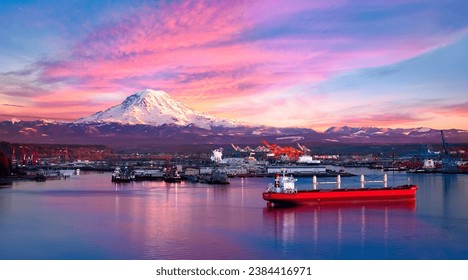 Sunset Illuminates Mt Rainier, Ships and The Port Of Tacoma. 
Puget Sound, Washington - Powered by Shutterstock