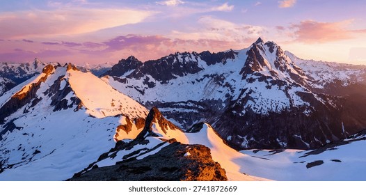 Sunset Illuminates a Panoramic View of Mt Shuksan and Icy Peak from Ruth Mountain.
North Cascades National Park, Washington.