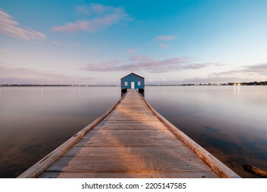 Sunset, Jetty, And Blue Boat House In Perth, Western Australia