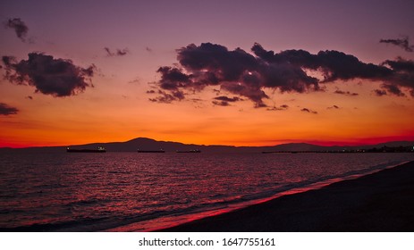 Sunset In Kalamata Beach. Greece.