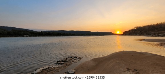 Sunset at Khong river the border between Thailand and Laos.