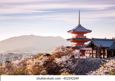 Sunset At Kiyomizu-dera Temple And Cherry Blossom Season (Sakura) On Spring Time In Kyoto, Japan