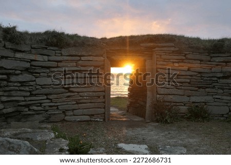 Sunset from the Knap of Howar neolithic house, Papa Westray, Orkney, Scotland, UK