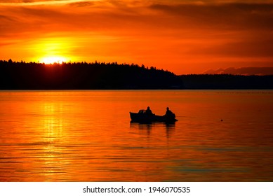 Sunset lake boat fishing scene. Fishermen boat sunset fishing. Sunset lake fishing