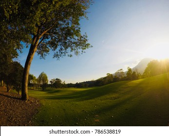 Sunset And Landscape Background.Action Cam And Wide Angle Lens View.