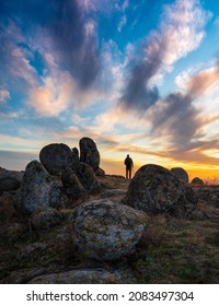 Sunset Landscape. Geotourism Route, In Romania, That Visits Stones And Spectacular Geological Formations 255-300 Million Years Old. 