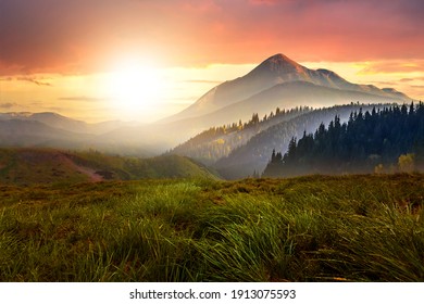 Sunset landscape with green grass meadow, high peaks and foggy valley under vibrant colorful evening sky in rocky mountains.