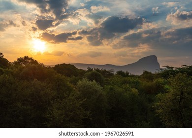 Sunset Landscape In The Savannah With The Hanglip Or Hanging Lip Mountain Peak, Entabeni Safari Game Reserve, Waterberg, Limpopo Province, South Africa.