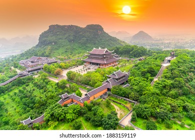 Sunset landscape of temple complex from above is one of the biggiest and largest temple Southeast Asia in Ninh Binh, Vietnam.