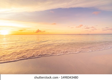 Sunset Landscape, Tropical Beach. Inspire And Relax Concept Of Sunset Beach, Tranquil Landscape. Nature Scenery As Coast With Horizon, Colorful Sky And Clouds, Calm Waves. Idyllic Summer Seascape