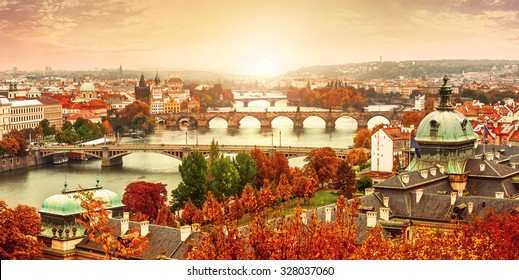 Sunset Landscape View To Charles Bridge On Vltava River In Prague Czech Republic. Illustration