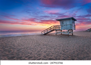 Sunset at a lifeguard tower in Southern California - Powered by Shutterstock
