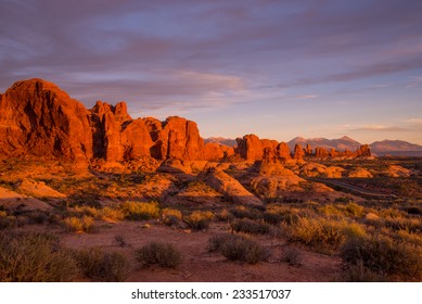 Sunset Light Hitting The Beautiful Garden Of Eden Rock Formations In Arches National Park 