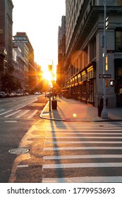 Sunset Light Shines On An Empty Crosswalk At The Intersection Of 23rd Street And 5th Avenue In Manhattan, New York City NYC