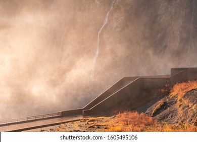 Sunset light through the mist at the bottom of the beautiful Montmorency Falls near Quebec City. 