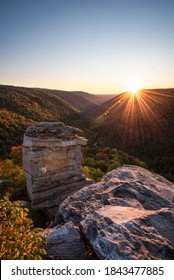 Sunset at Lindy Point in Blackwater Falls State Park, West Virginia featuring the Blackriver Canyon below.