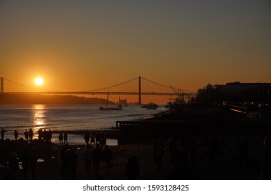 Sunset In Lisbon Over Tagus River. Portugal