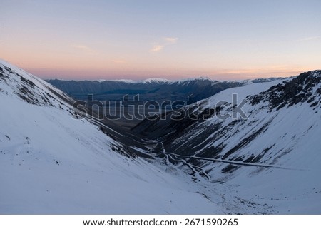 Sunset looking down from Erewhon Hut at Mt Potts, New Zealand