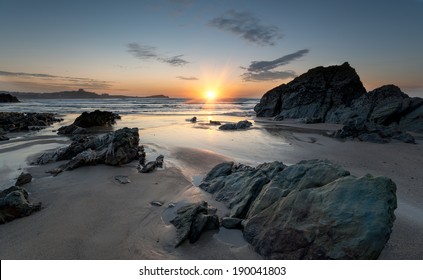 Sunset at Lusty Glaze beach at Newquay in Cornwall - Shutterstock ID 190041803