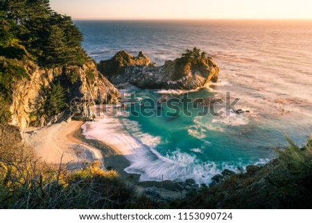Sunset at Mackay fall, Big Sur on California State Road 1 