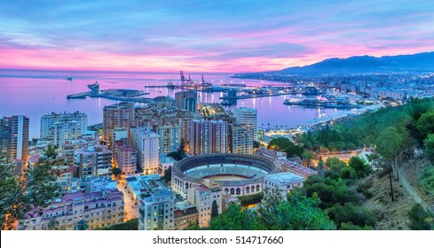 Sunset in Malaga - aerial view, Costa del Sol, Andalusia, Spain